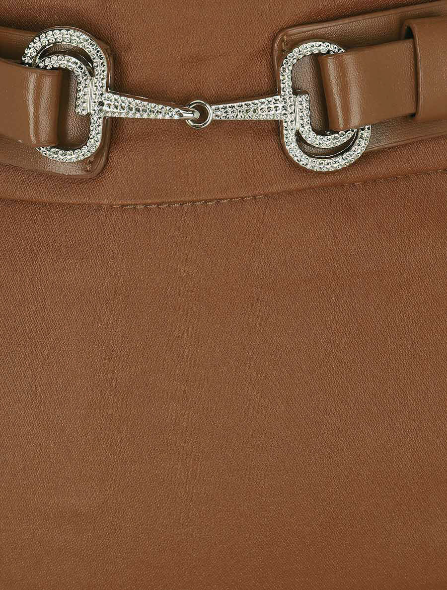 Jupe droite fendue en simili - Camel - 3