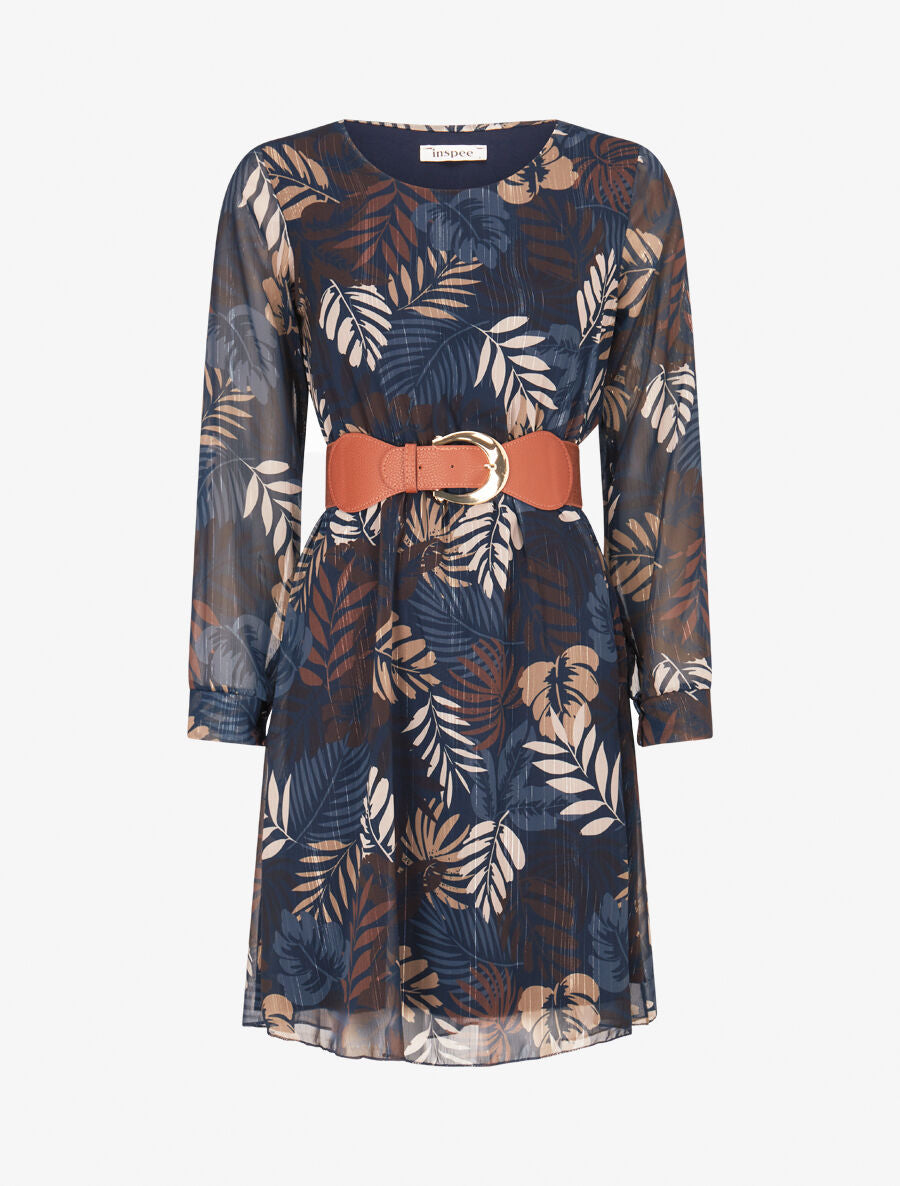 Robe légère en voile lamé imprimé feuilles tropicales - Marine - 1