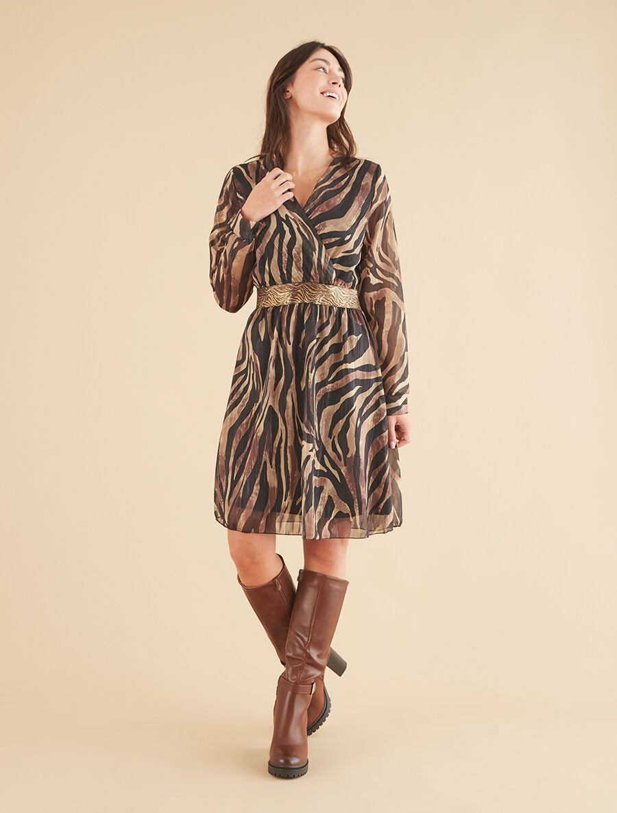 Robe fluide imprimé zébre à taille stylisée - Noir - 4
