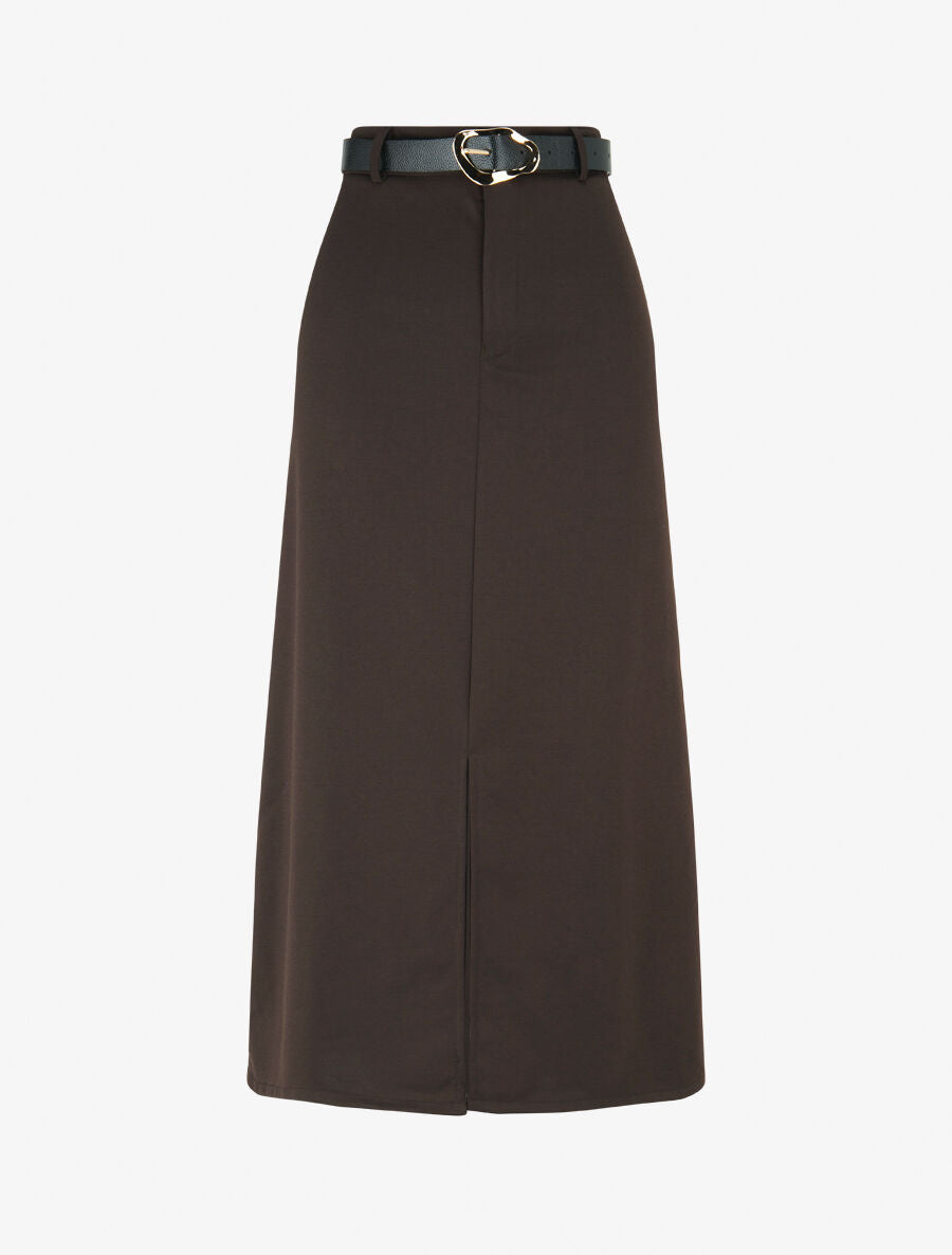 Jupe droite uni fendue - Marron - 4