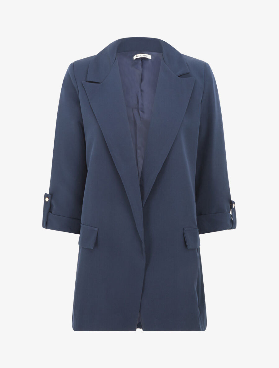Blazer mi-long uni à manches retroussables - Marine - 5