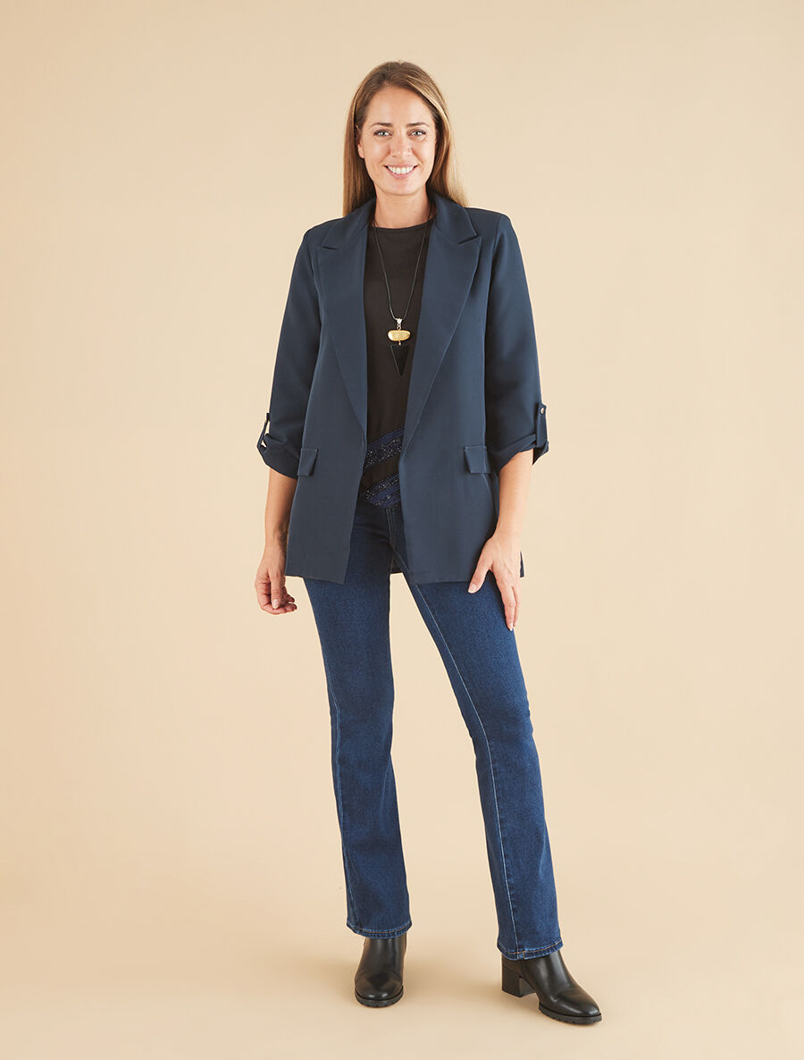 Blazer mi-long uni à manches retroussables - Marine - 4