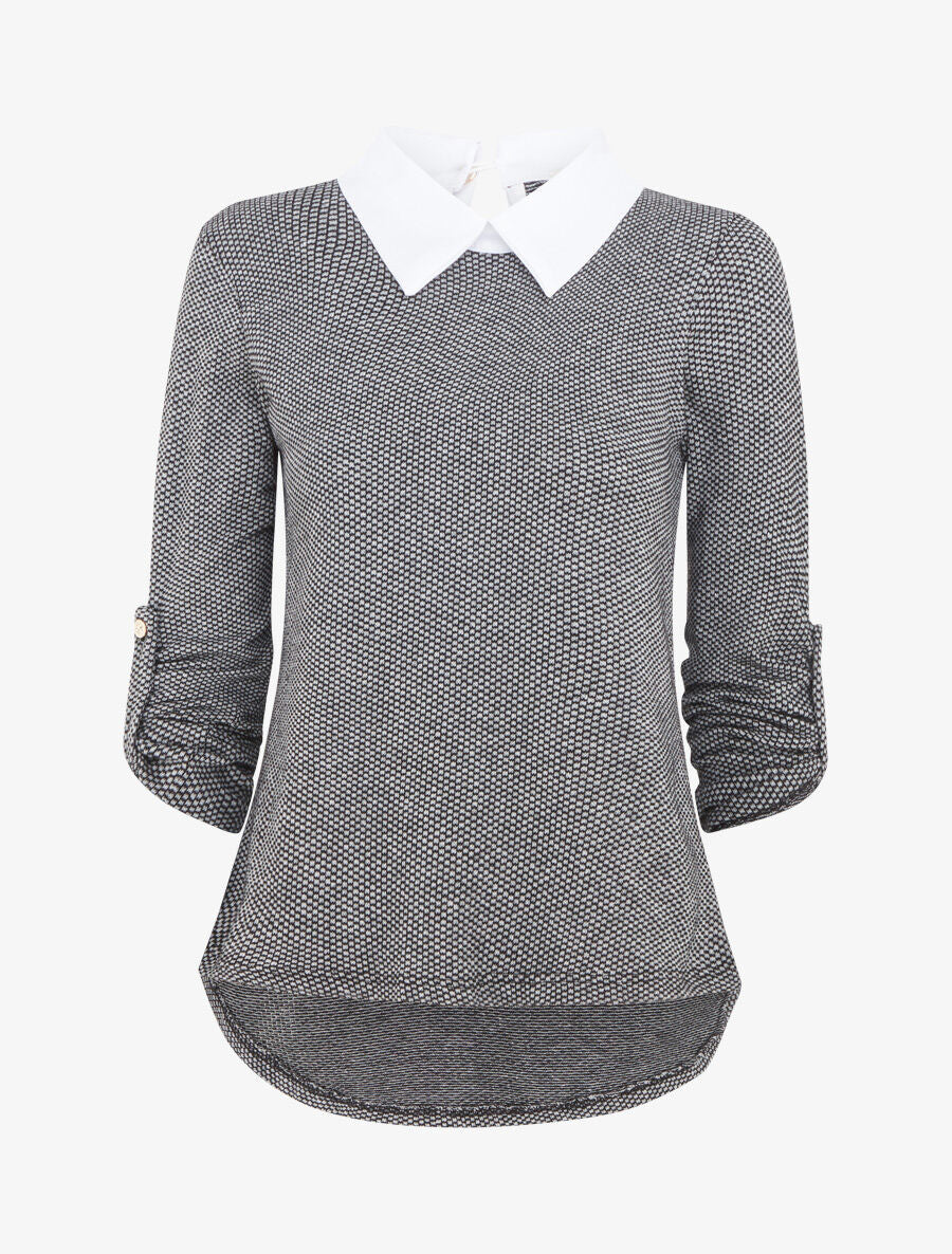 Pull fin à col chemise et manches retroussables - Noir - 1