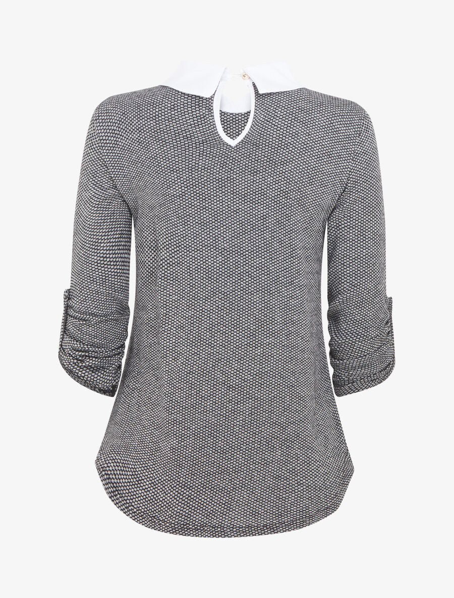 Pull fin à col chemise et manches retroussables - Noir - 2