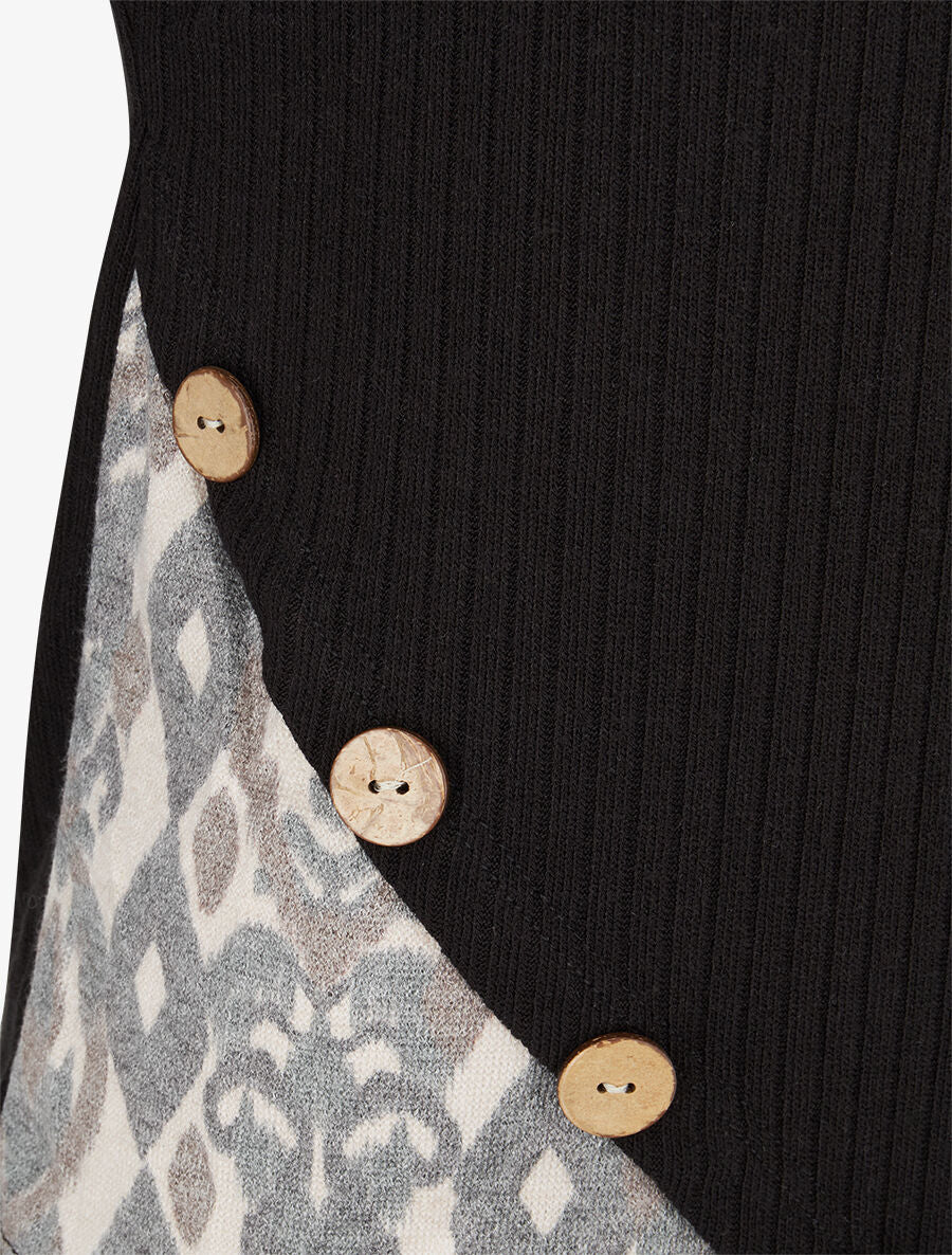 Pull côtelé à imprimé graphique et boutons décoratifs - Noir - 3