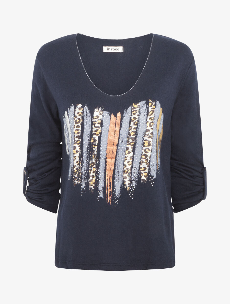 Pull fin à flocage coeur et strass - Marine - 4