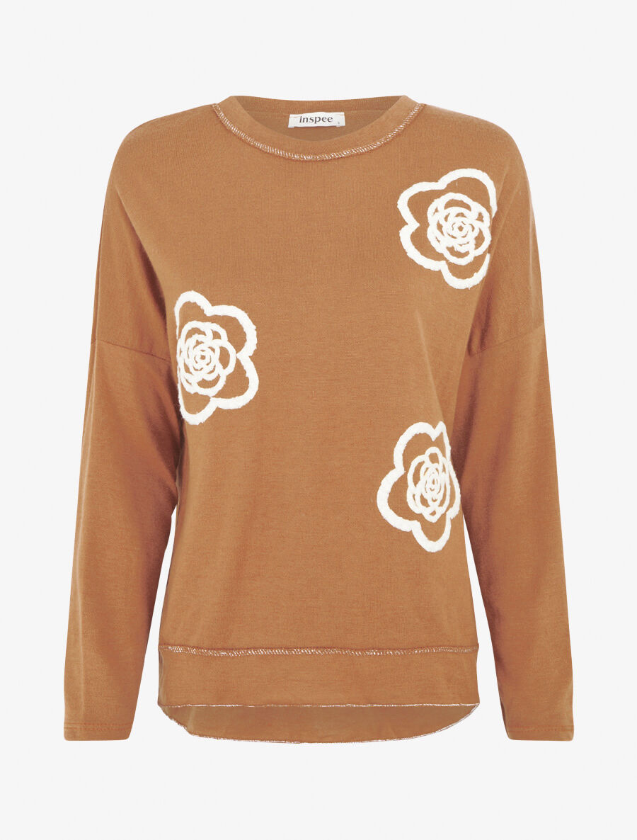 Pull fin uni à fleurs brodées - Camel - 1