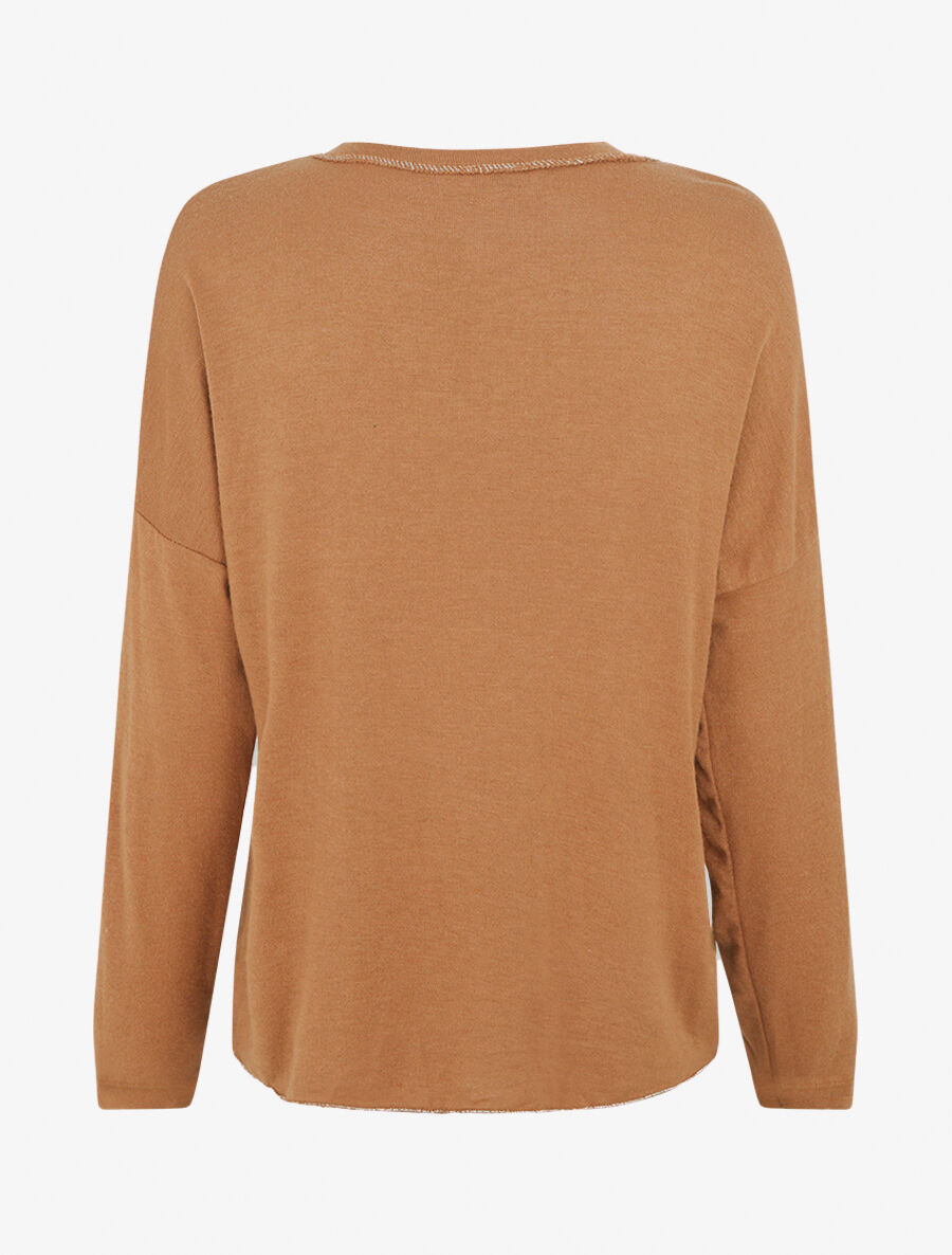 Pull fin uni à fleurs brodées - Camel - 2
