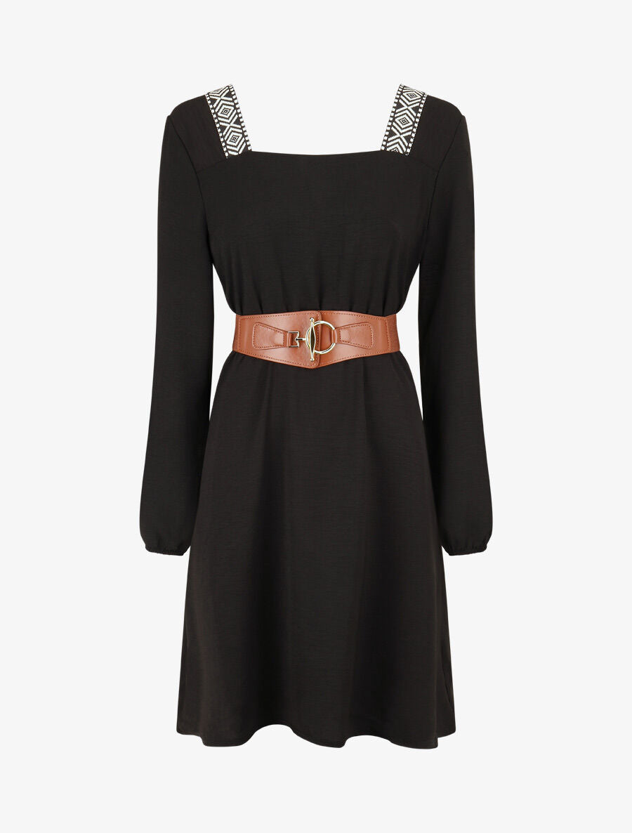 Robe fluide à col carré stylisé - Noir - 1