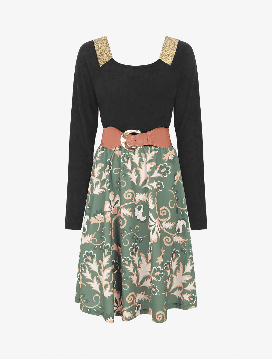 Robe bimatière à col à bandes élastiquées stylisées - Kaki - 4