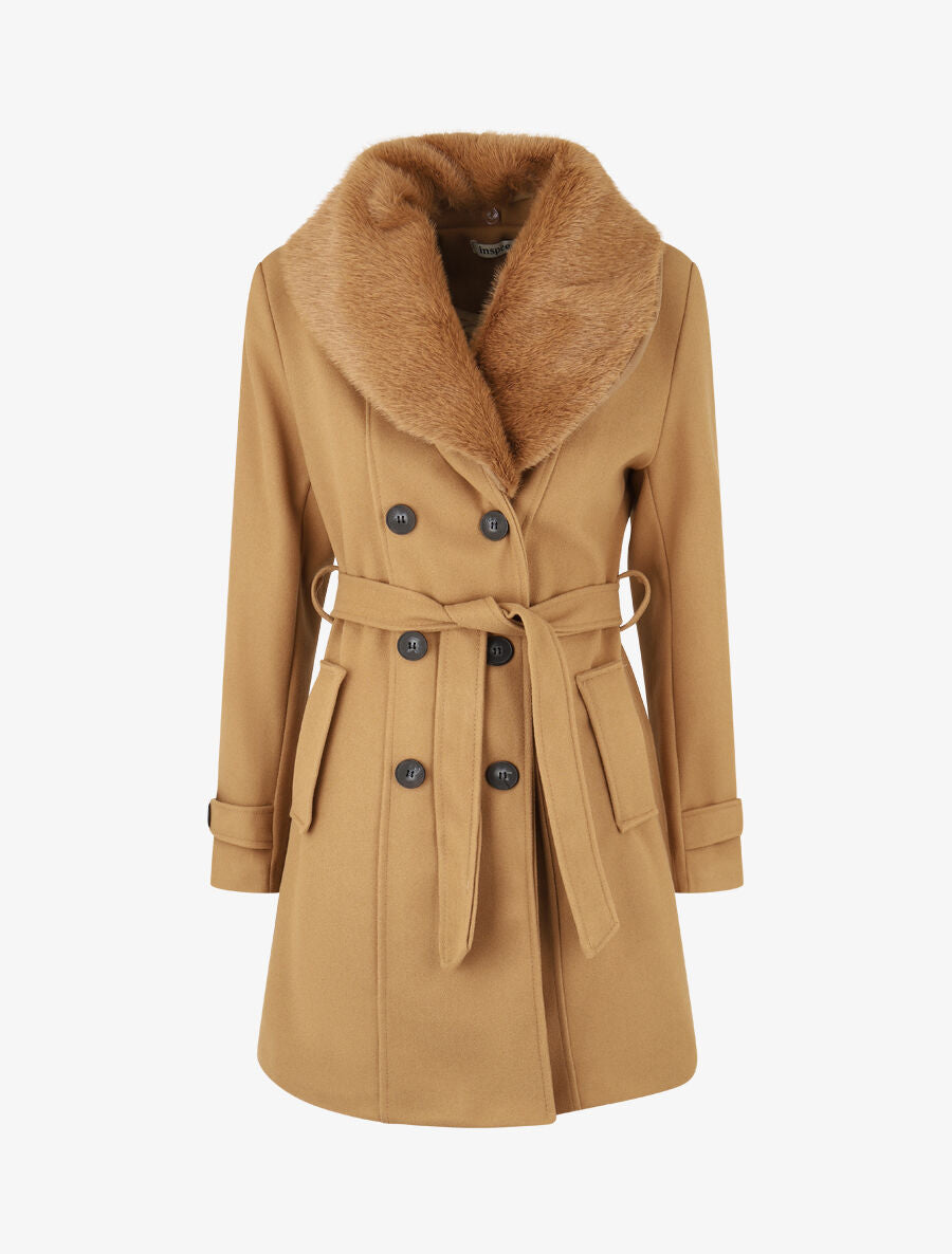 Manteau uni à col en fourrure synthétique - Camel - 6