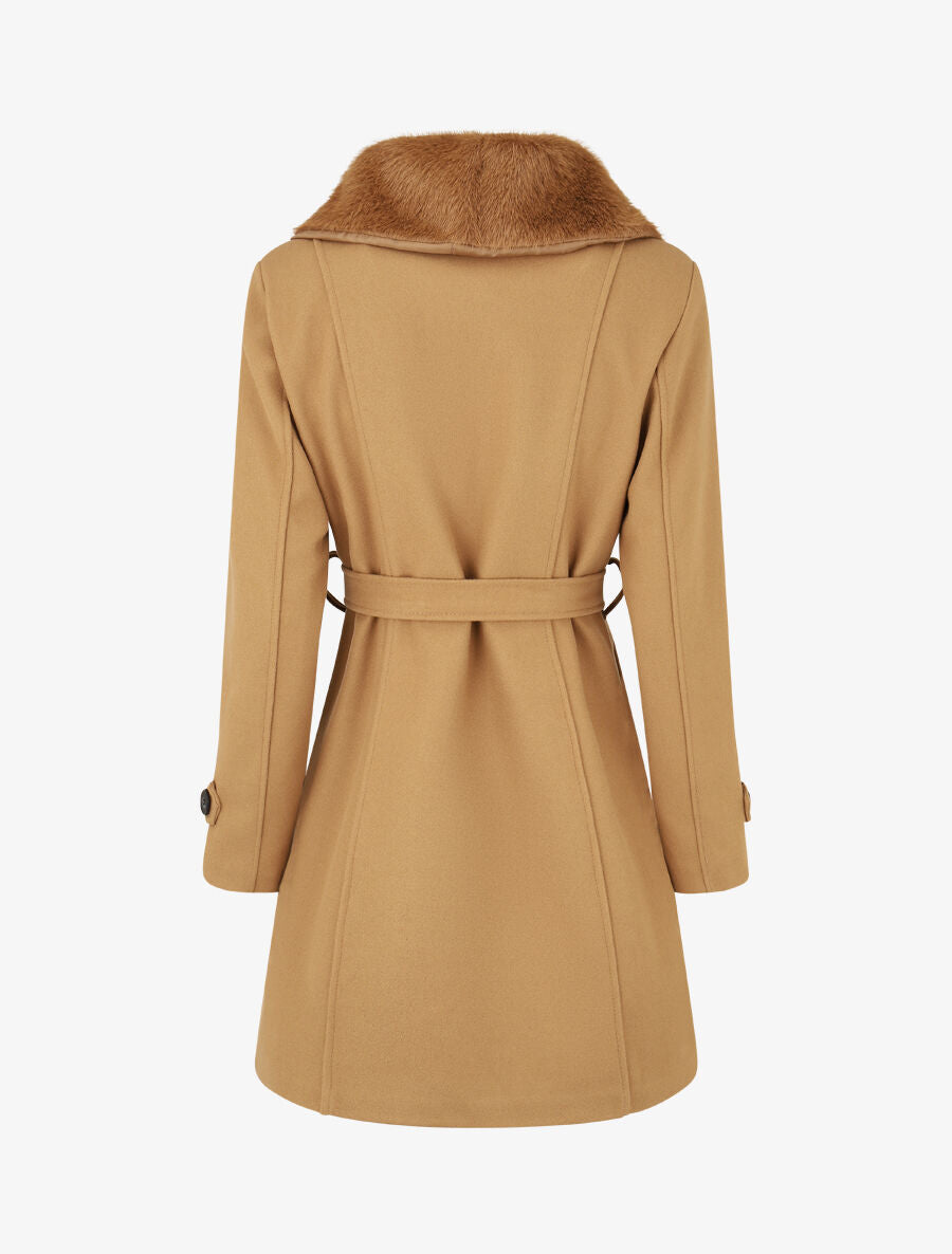 Manteau uni à col en fourrure synthétique - Camel - 2