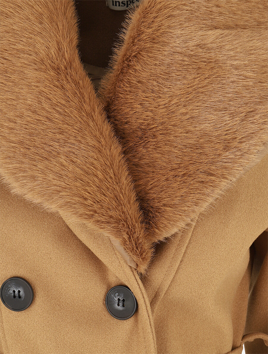 Manteau uni à col en fourrure synthétique - Camel - 3
