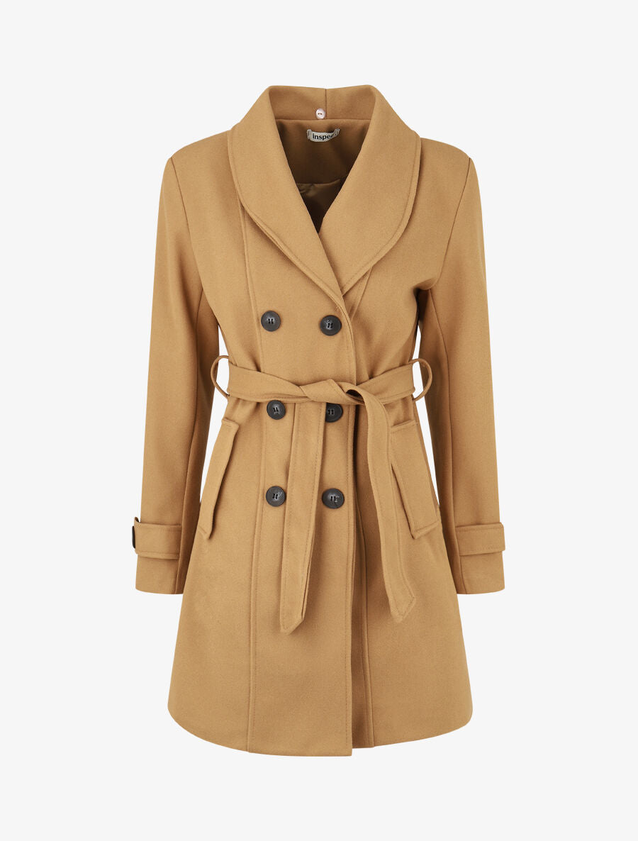 Manteau uni à col en fourrure synthétique - Camel - 4