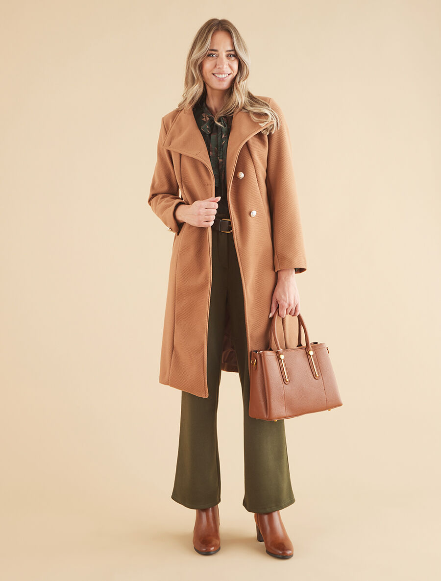 Manteau long uni à boutons marins dorés - Camel - 4