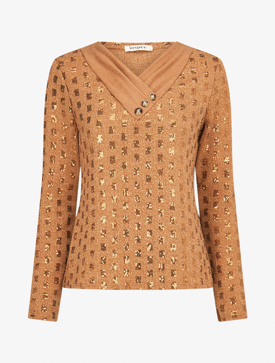 Pull fin incrusté de sequins - Camel - 4