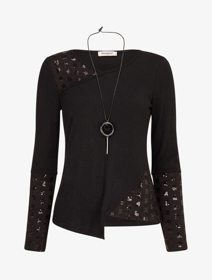 Pull fin à empiècement incrusté de sequins - Noir - 5