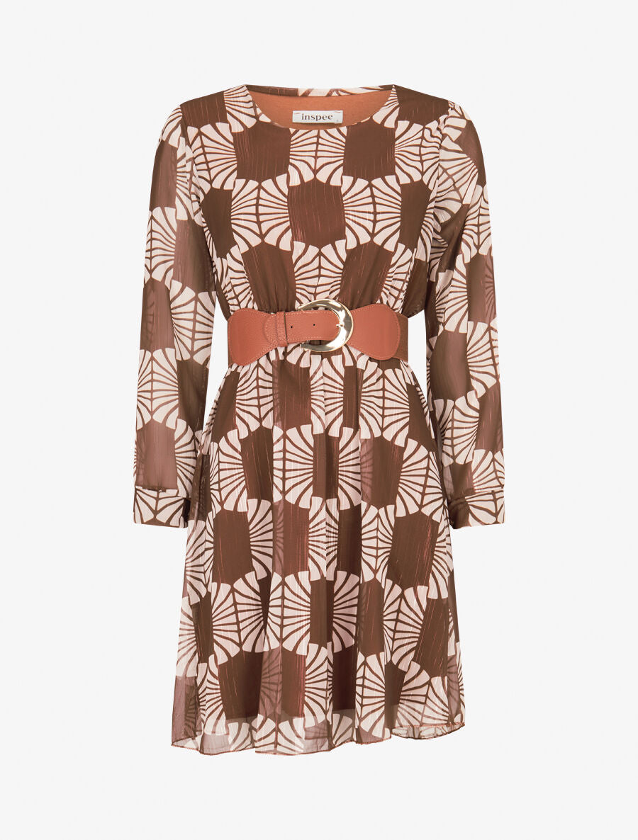 Robe légère en voile lamé imprimé marguerites stylisées - Marron - 1