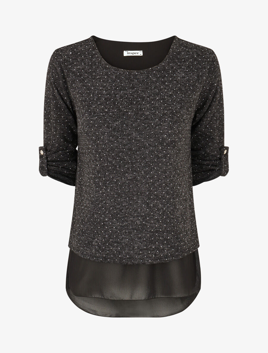 Pull fin superposé et strassé - Noir chiné - 1