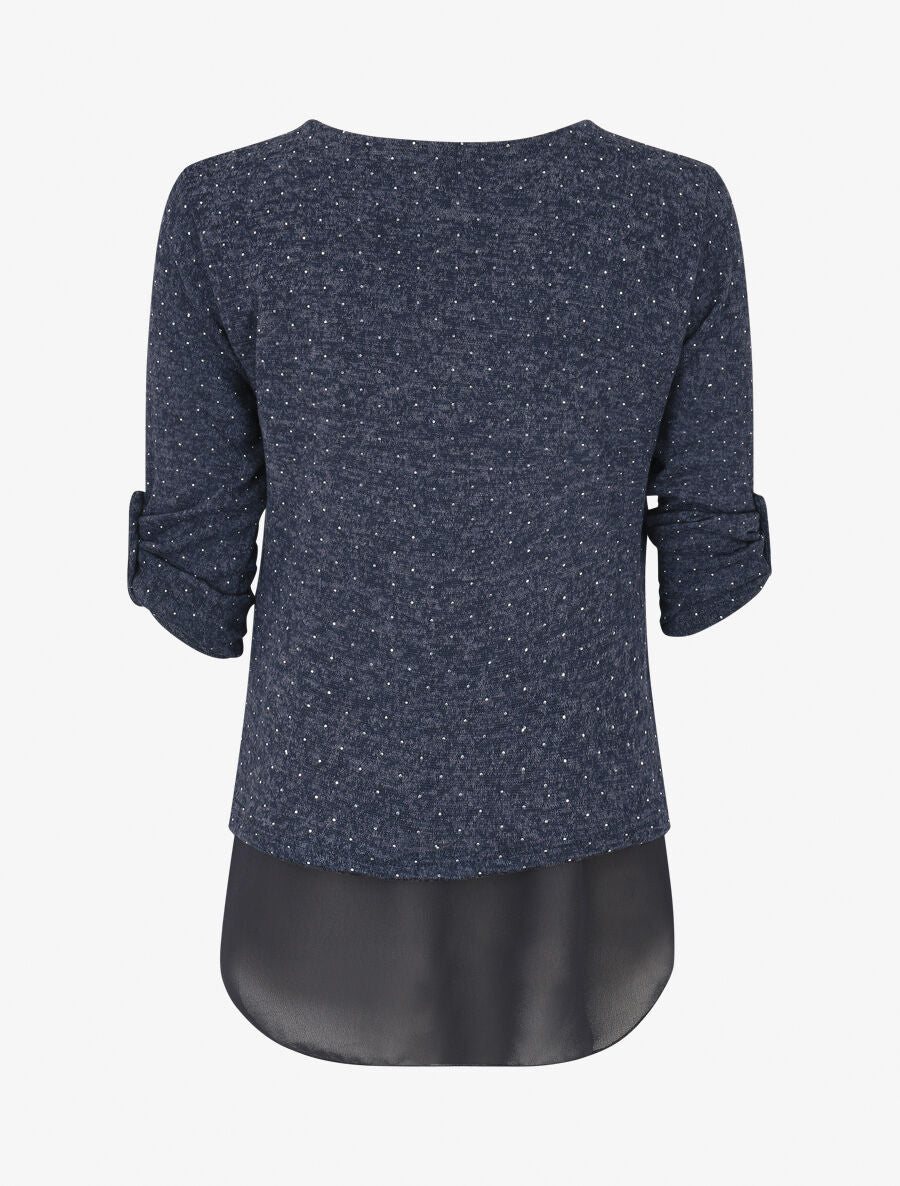 Pull fin superposé et strassé - Bleu chiné - 2