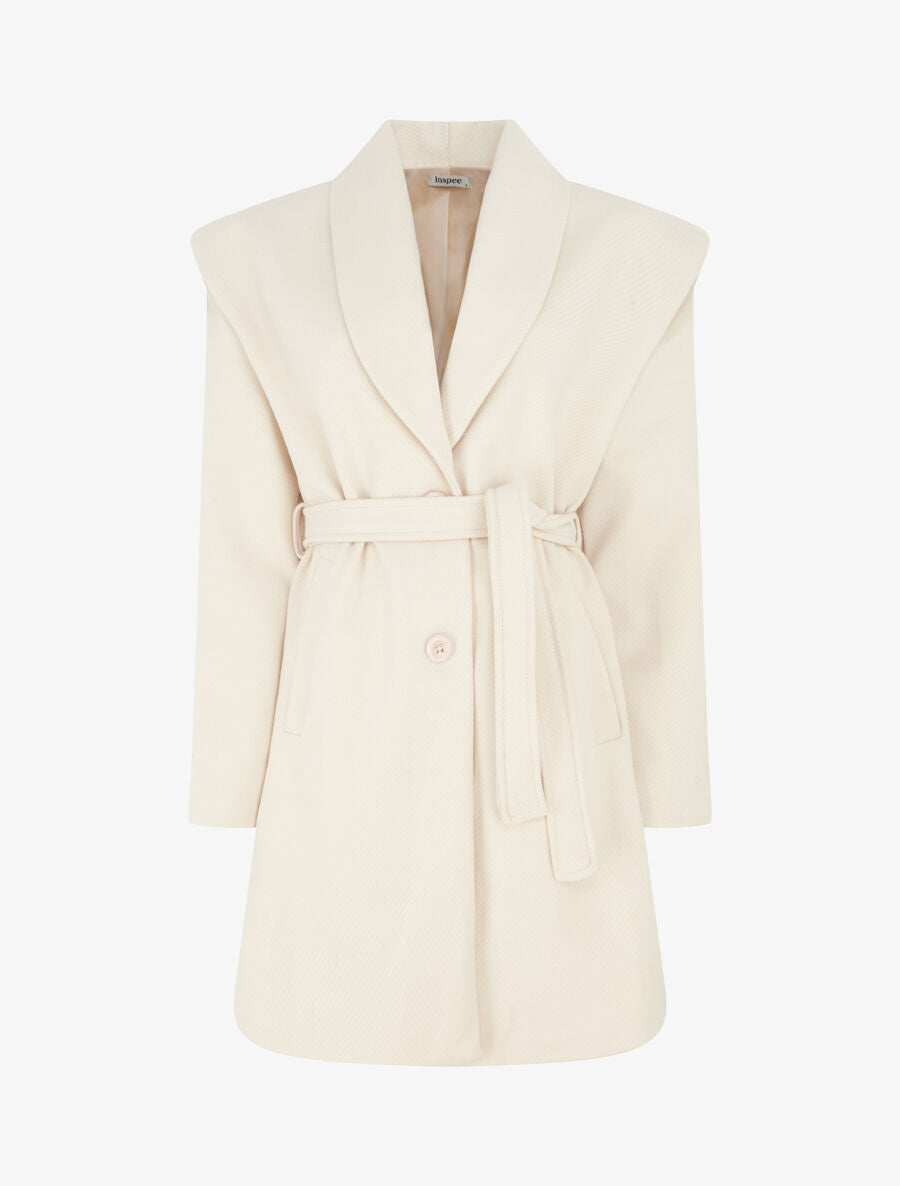 Manteau long boutonné et ceinturé - Crème - 4