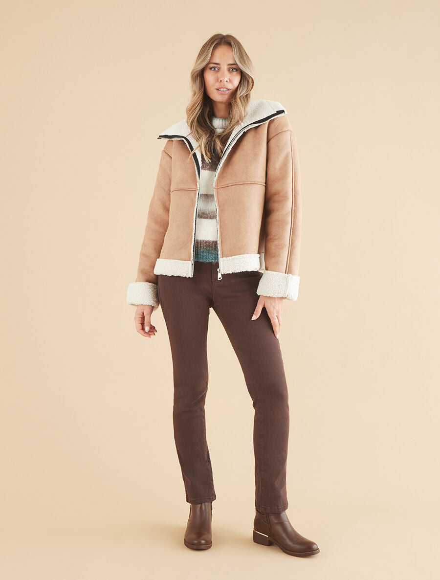 Manteau zippé style aviateur - Camel - 4