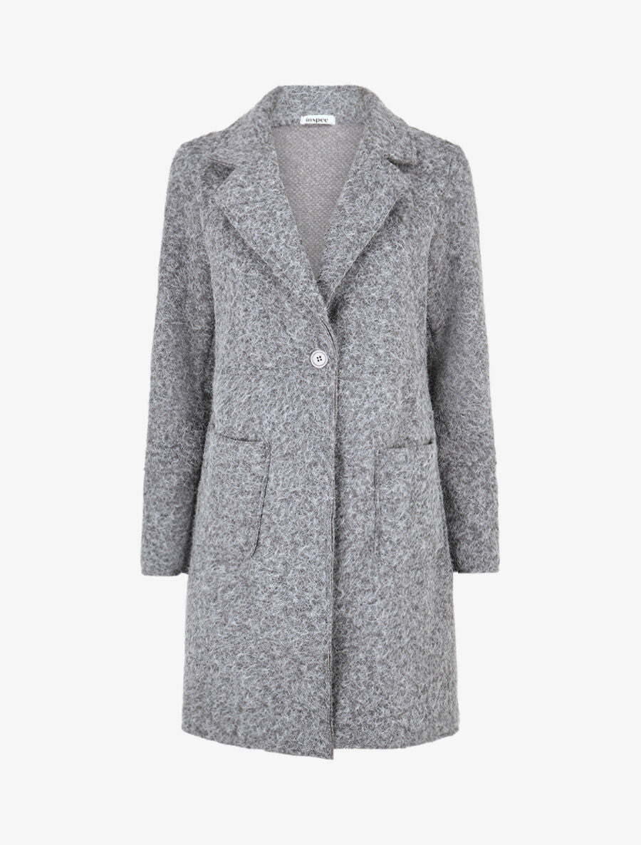 Manteau long uni duveteux - Gris - 1