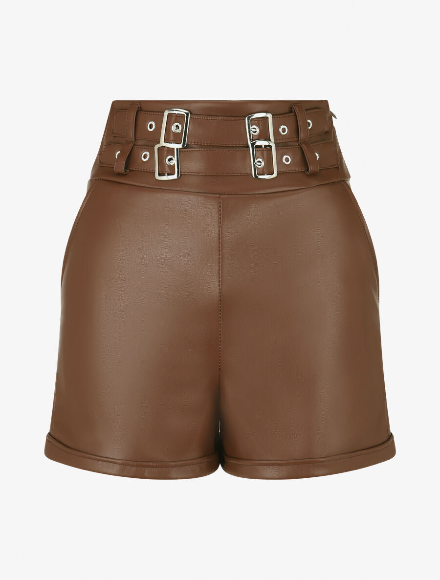 Short en simili à double passants décoratifs - Marron - 1