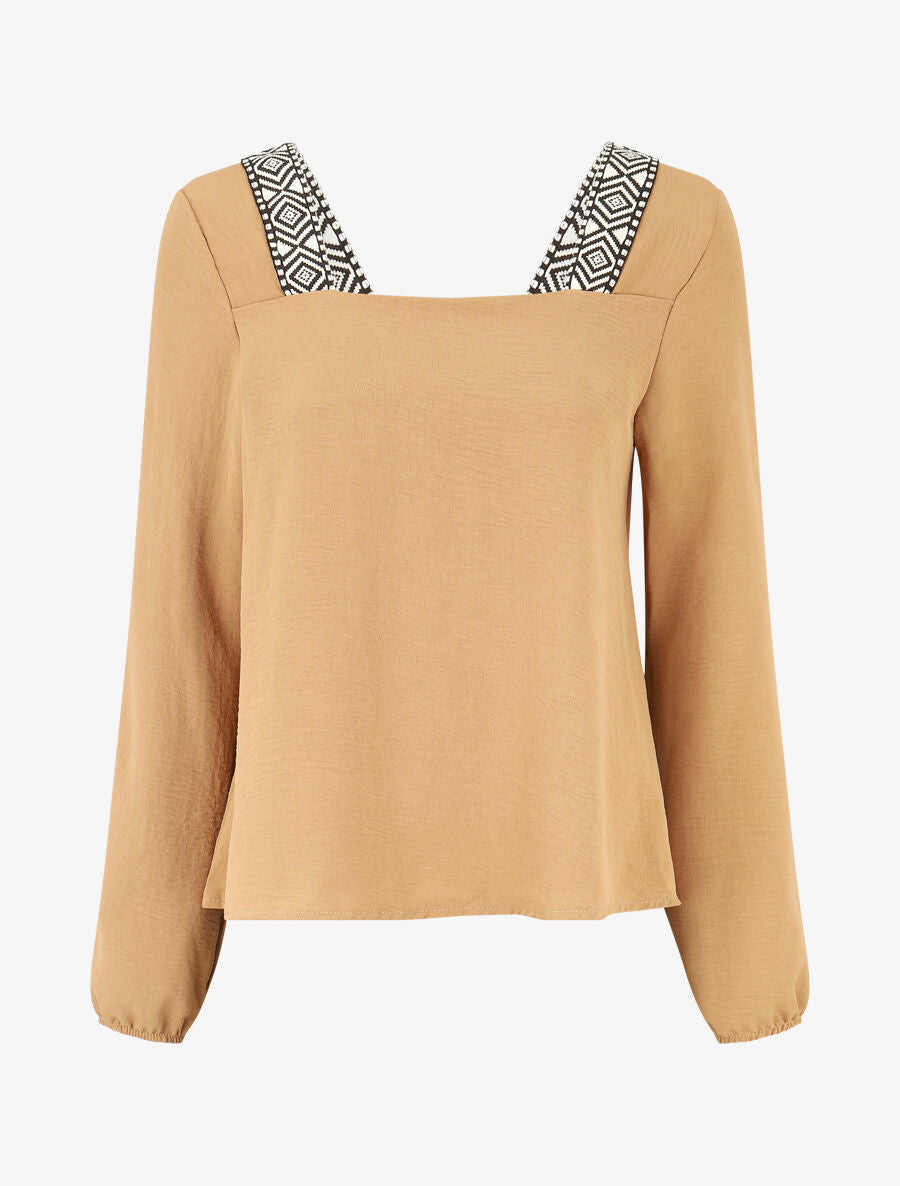 Top à col carré imprimé fantaisie - Beige - 1