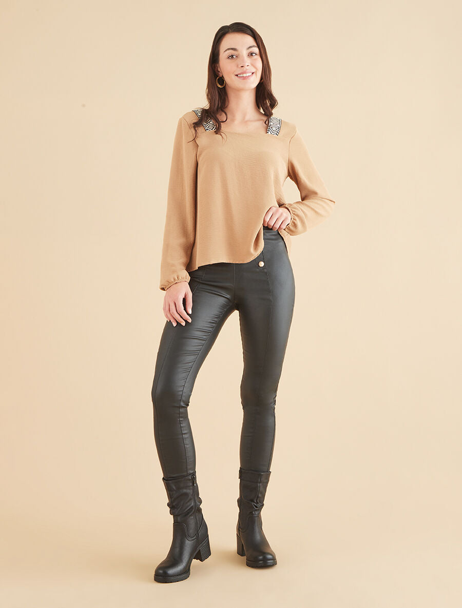 Top à col carré imprimé fantaisie - Beige - 4