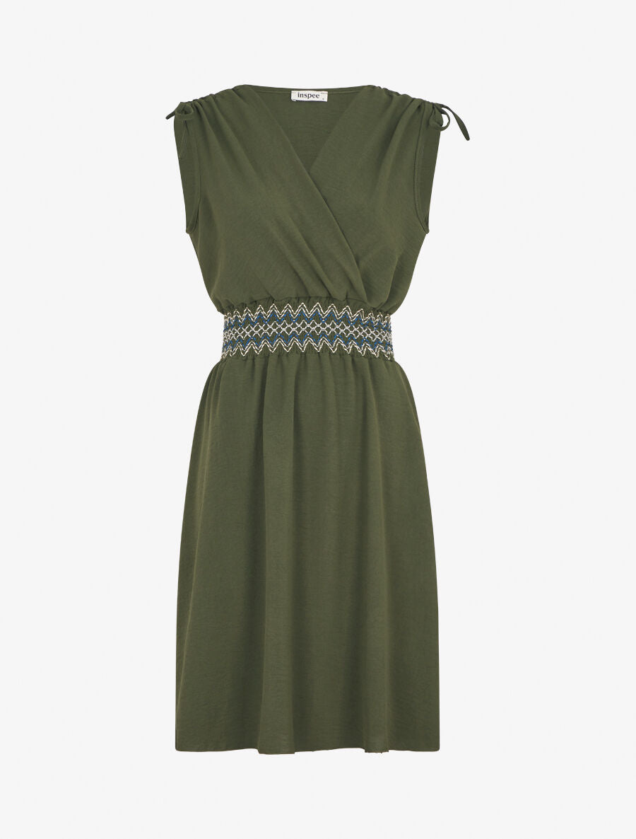 Robe unie sans manches à taille élastiquée - Kaki - 1