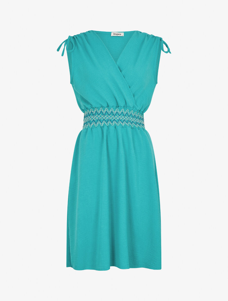 Robe unie sans manches à taille élastiquée - Turquoise - 1