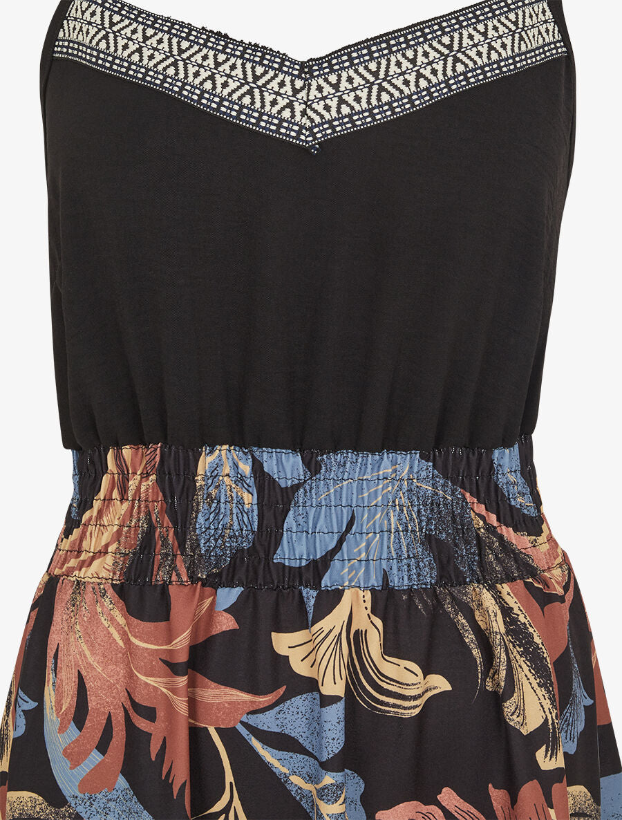 Robe longue à fines bretelles imprimé feuilles - Noir - 3