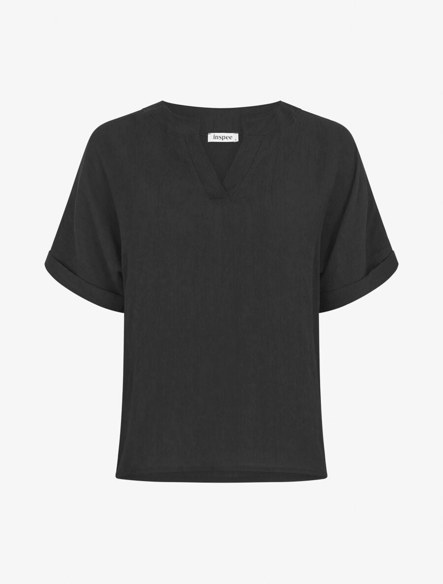 Blouse droite et texturée à col V - Noir - 1