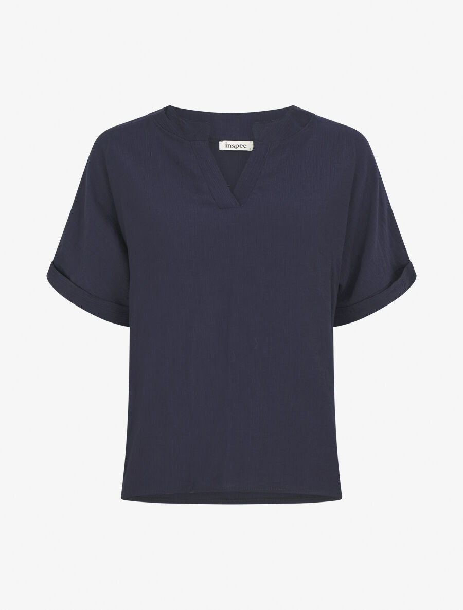 Blouse droite et texturée à col V - Marine - 1