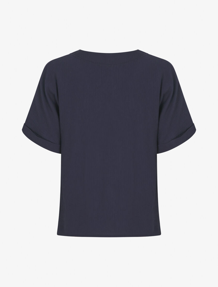 Blouse droite et texturée à col V - Marine - 2