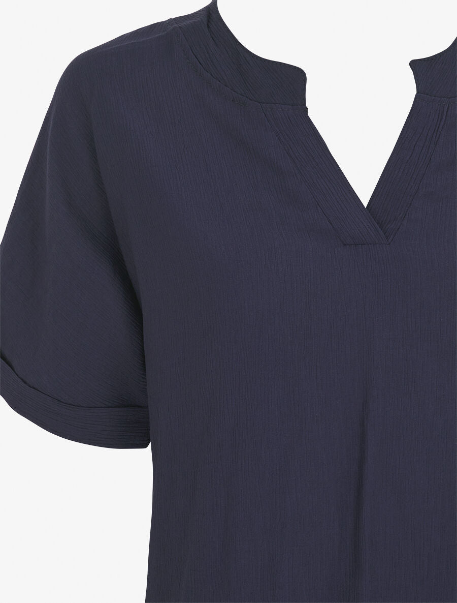 Blouse droite et texturée à col V - Marine - 3