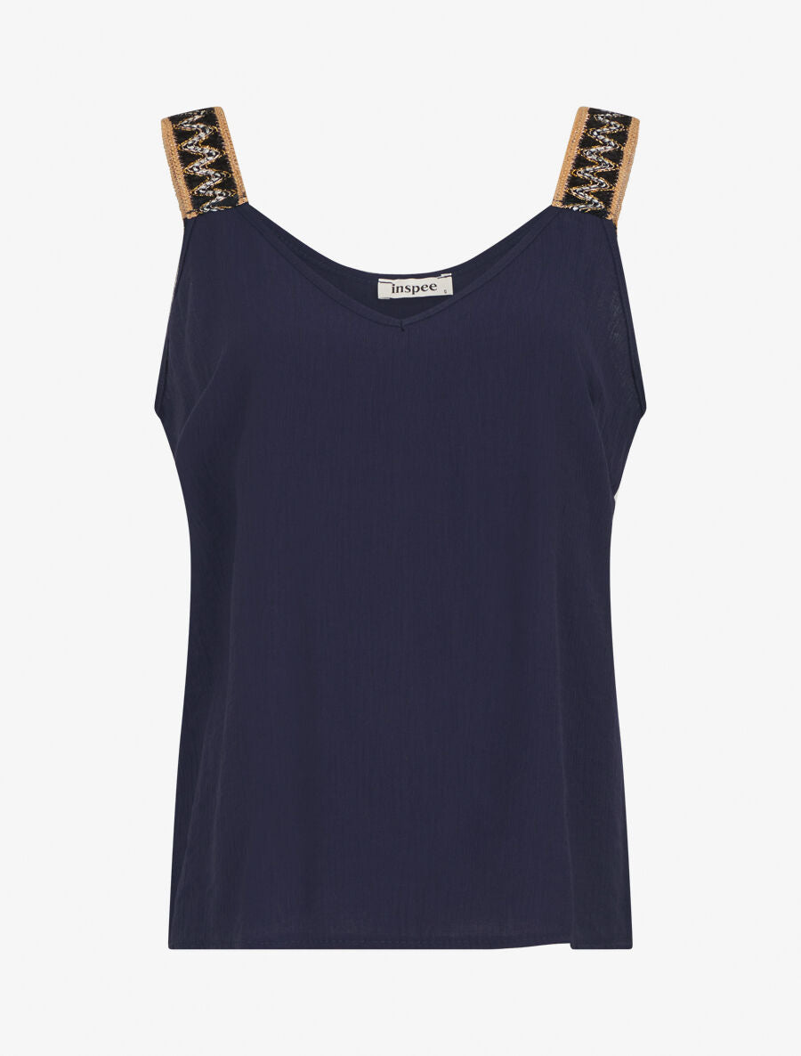Débardeur droit à col V et bretelles fantaisies - Marine - 4
