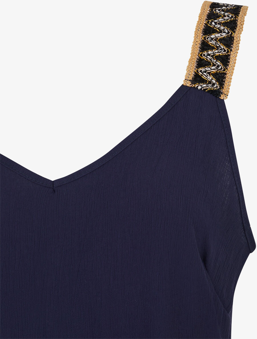 Débardeur droit à col V et bretelles fantaisies - Marine - 3