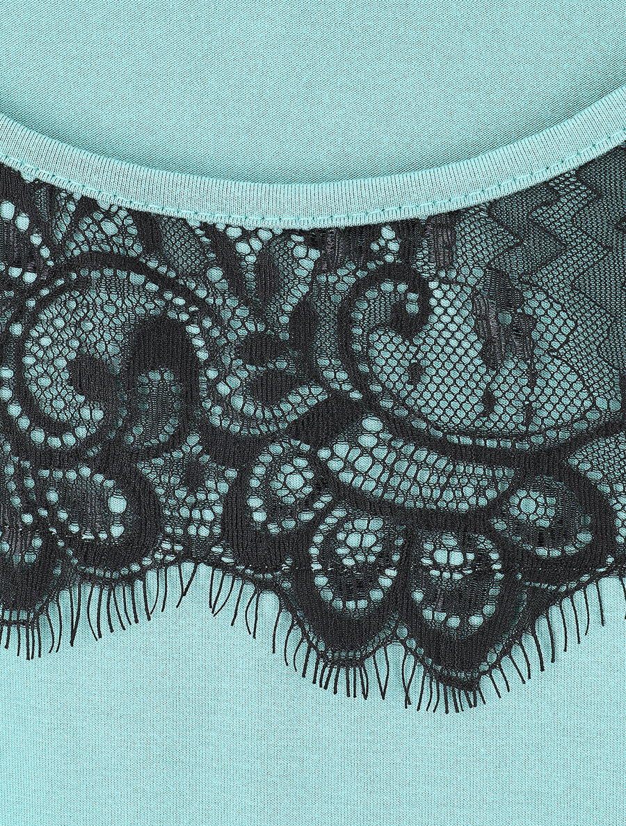 T-shirt droit manches courtes col rond à dentelle - Vert d&