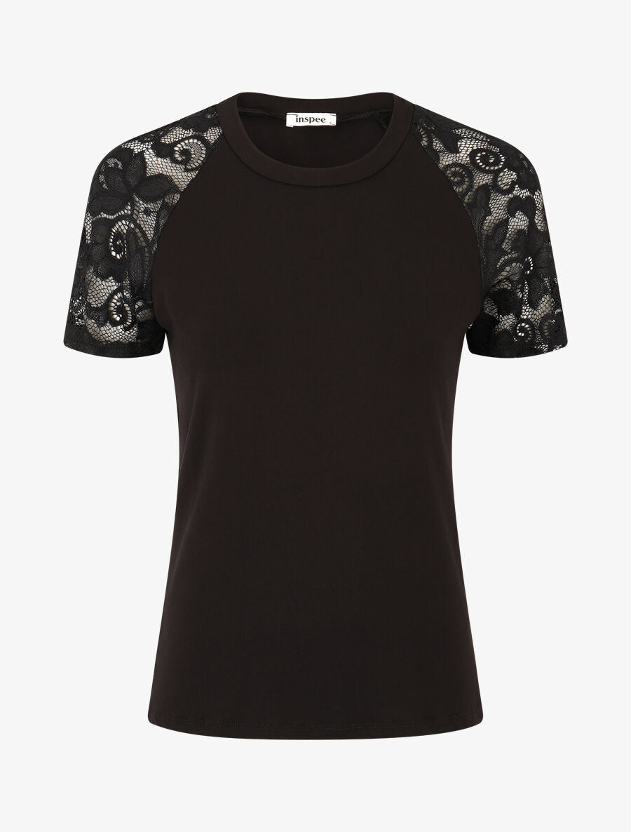 Top ajusté à manches courtes en dentelle - Noir - 1