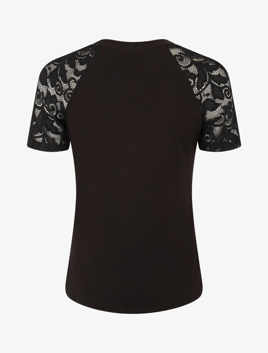 Top ajusté à manches courtes en dentelle - Noir - 2