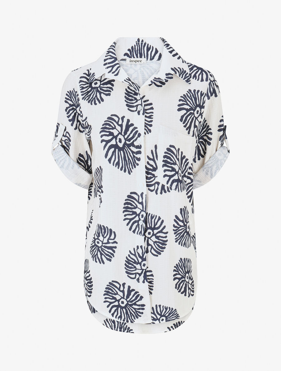 Chemise à manches retroussables imprimé anémones - Marine - 4