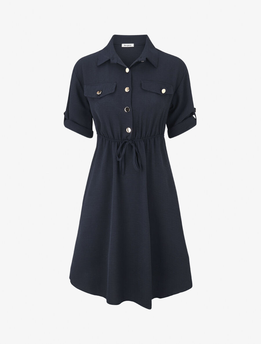 Robe mi-longue unie élastiquée - Marine - 1