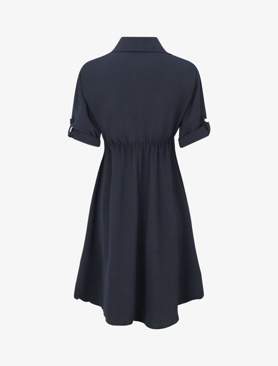 Robe mi-longue unie élastiquée - Marine - 2