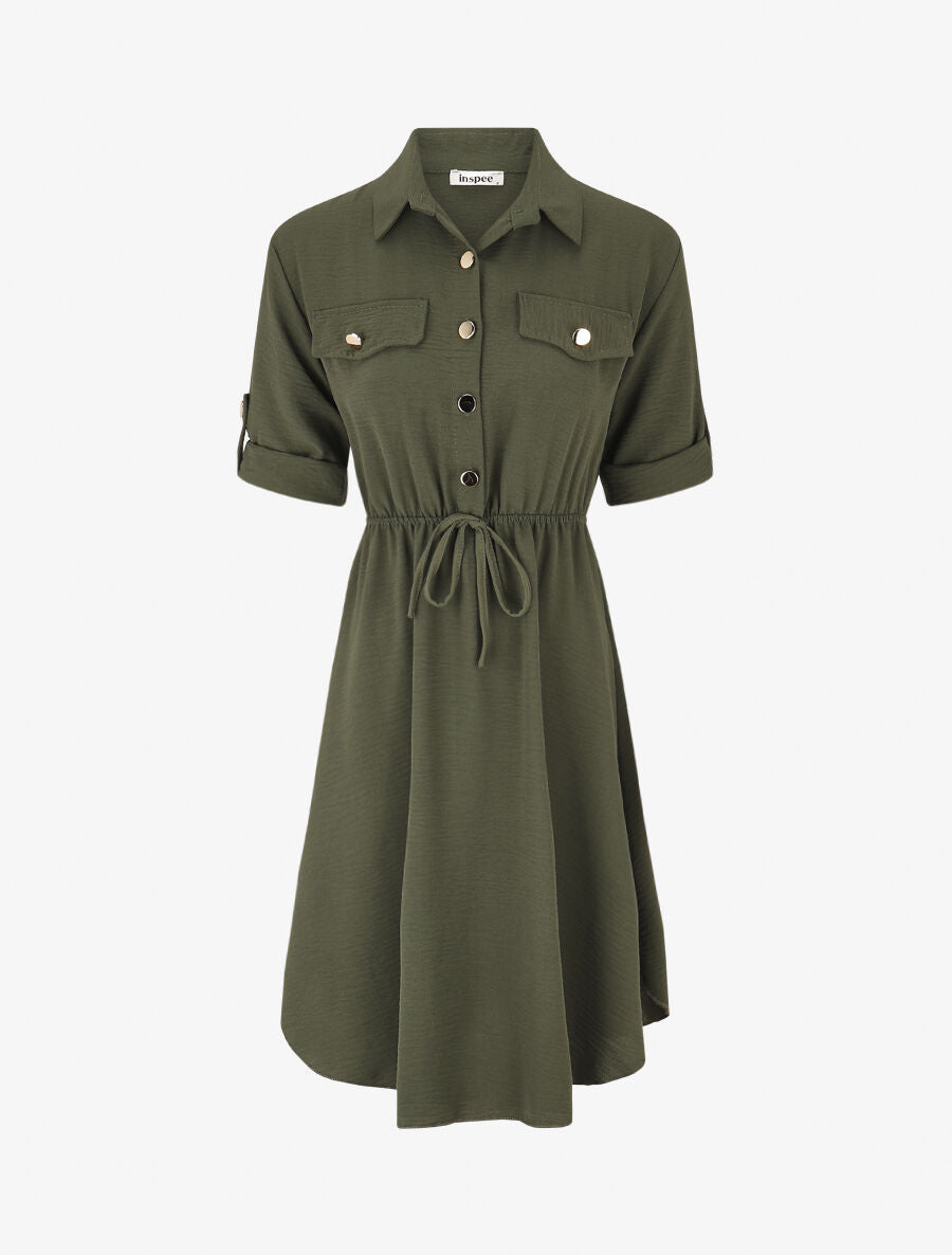 Robe mi-longue unie élastiquée - Kaki - 1