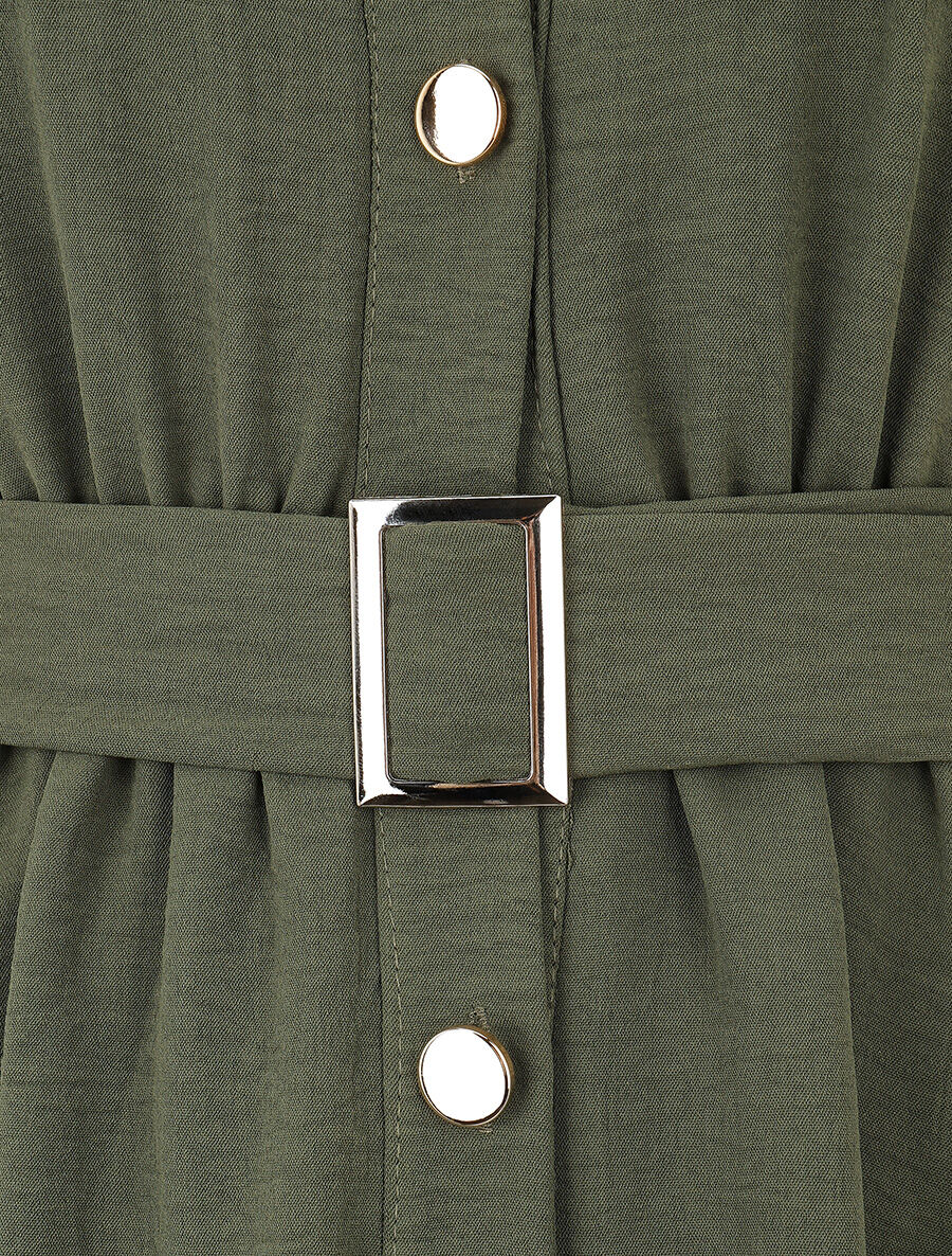 Robe mi-longue unie boutonnée - Kaki - 3