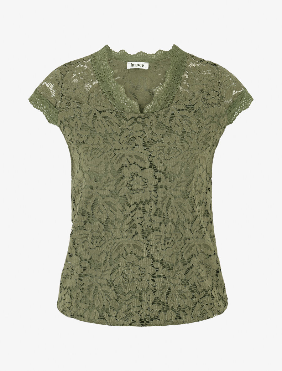 Top droit en dentelle col V - Kaki - 1