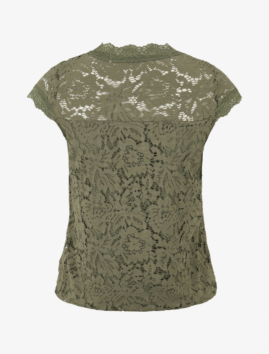 Top droit en dentelle col V - Kaki - 2