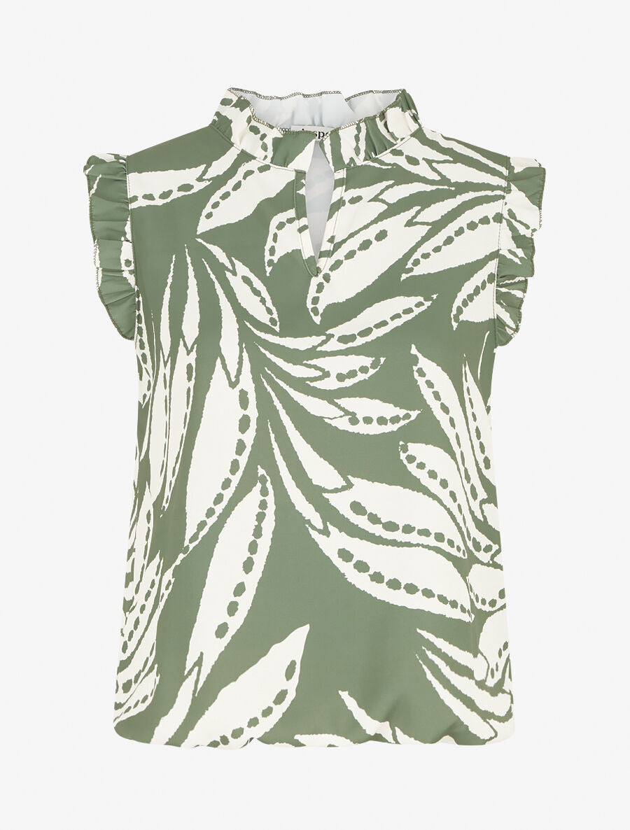 Top imprimé graphique à épaules volantées - Kaki - 1